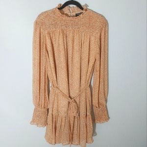 In The Beginning Tan and Cream Floral Smocked Tiered Ruffle Mini Dress w/Tie